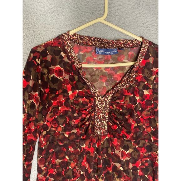 Susan Graver red quarter sleeve geometric blouse gathered career professional M - Picture 3 of 9